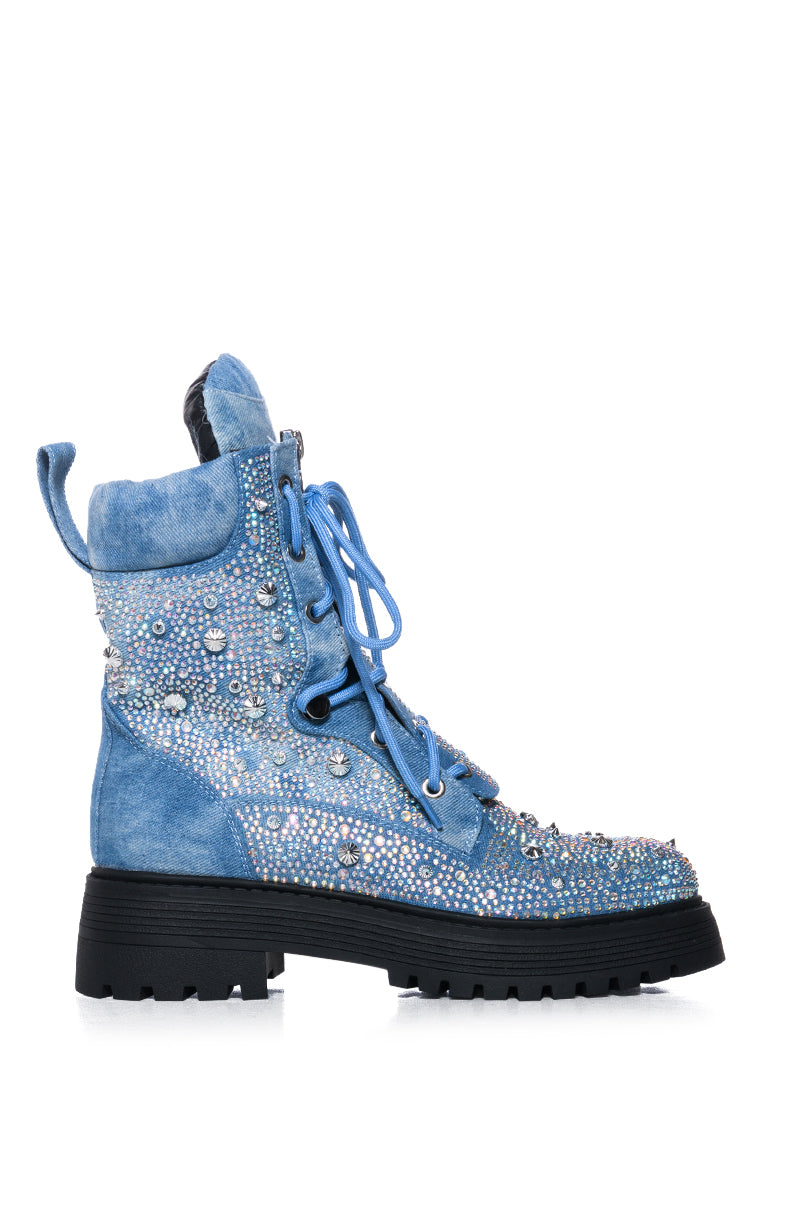 AZALEA WANG TRUFFLED DENIM EMBELLISHED COMBAT BOOTIE