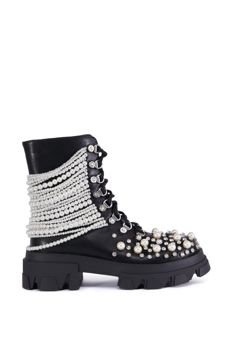 Black Pearl Embellished Combat Bootie