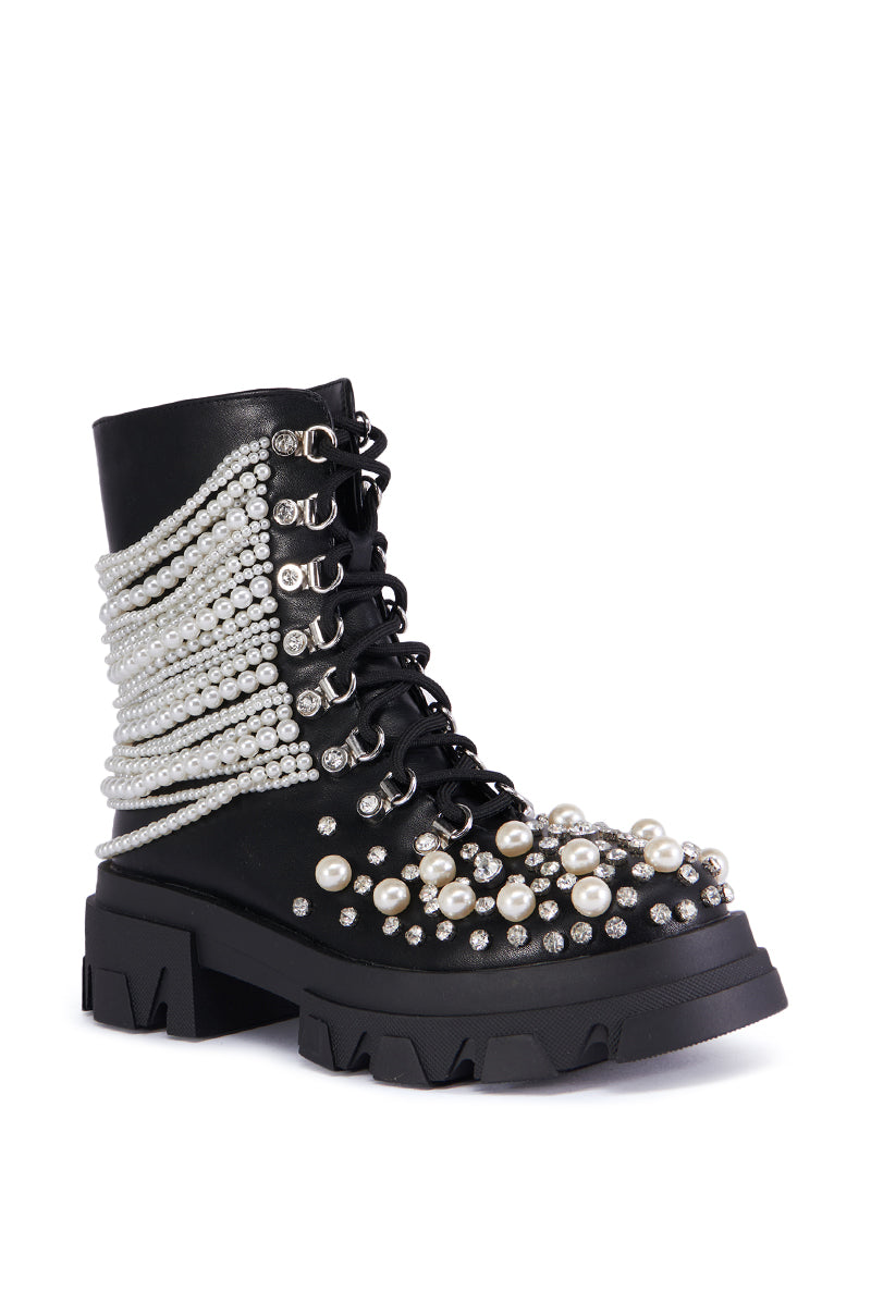 Black Pearl Embellished Combat Bootie