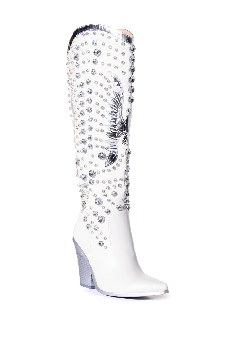 AZALEA WANG UPBEAT EMBELLISHED STILETTO BOOT IN WHITE