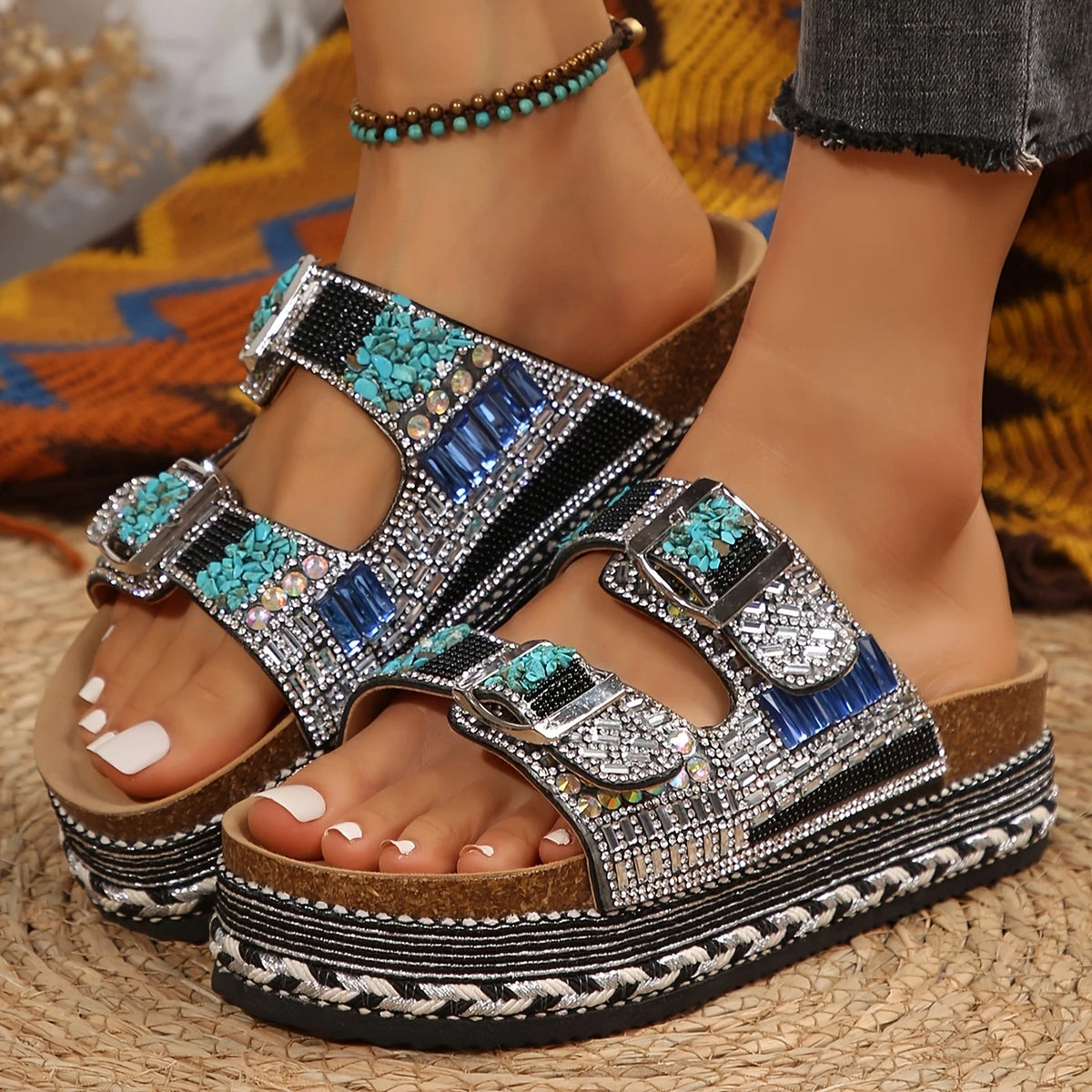 Women's Platform Slide Sandals with Rhinestone