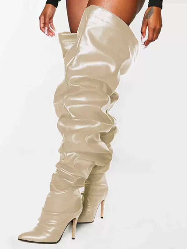 Women's Wide Slouch Pleated Thigh High Heel Boots