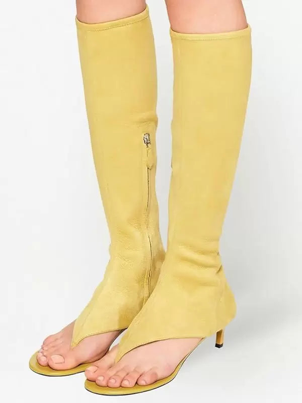 Mid Calf Boots Women's Open Toe Flip Flop Kitten Heel Elastic Sandal Boots