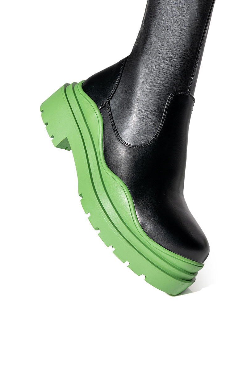 AZALEA WANG NAOMI THIGH HIGH STRETCH FLATFORM BOOT IN GREEN